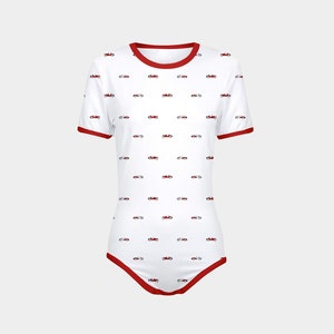 ABDL Vintage Race Car Pattern White and Red Snap-Crotch Bodysuit