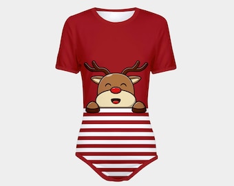 ABDL Playful Reindeer Red Snap-Crotch Bodysuit