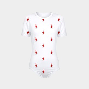 May include: White short-sleeved bodysuit with a repeating pattern of red and white snowmen wearing Santa hats.