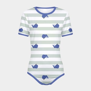 ABDL Whales and Stripes Blue Trim Snap-Crotch Bodysuit