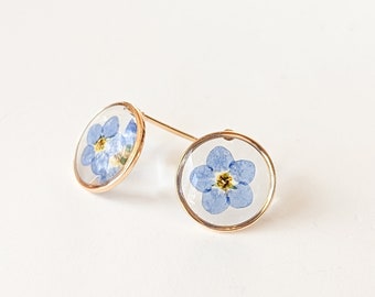 Forget-me-not Circle Stud Earrings - Classic Gold Plated - Minimalist Modern Cottagecore Dainty - Floral round