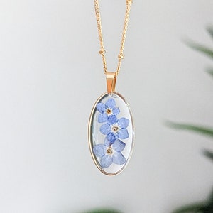 Real Forget-Me-Not Necklace, Stainless Steel Gold Plated Floral Jewelry