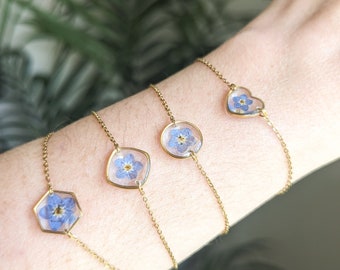 Forget Me Not, fine chain bracelet - Gold Plated Stainless Steel - Real Forget-me-not dainty gold bracelet