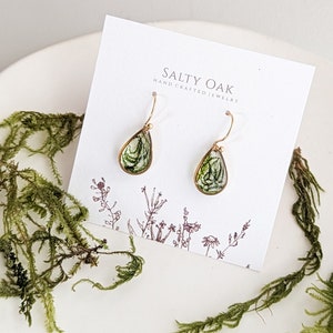 Real Dried Moss Earrings real preserved moss, cottagecore nature inspired gold earrings image 7