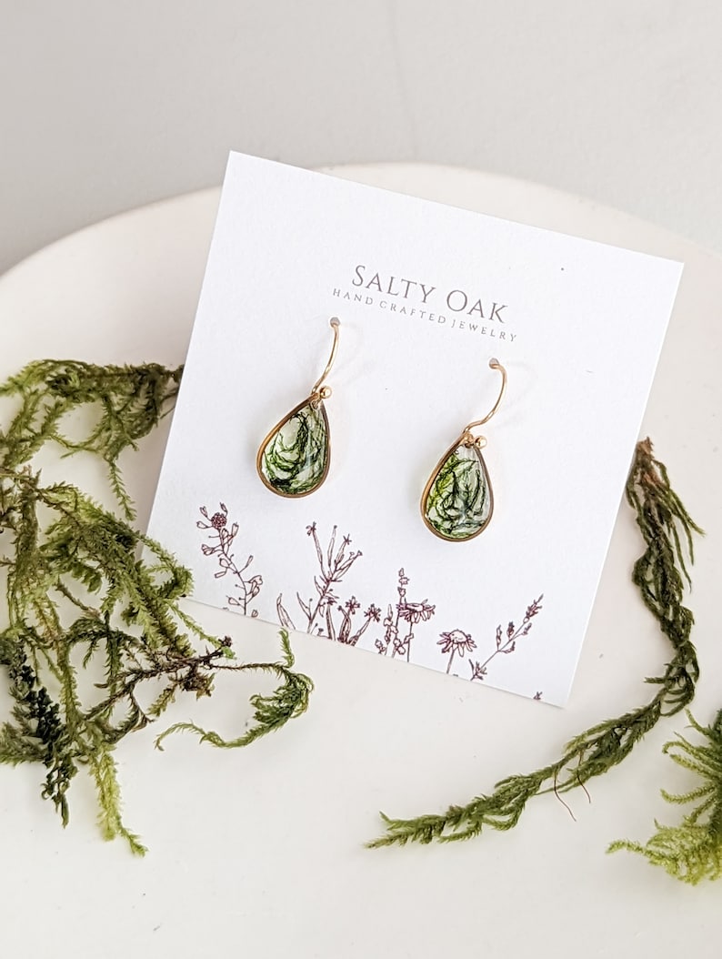 Real Dried Moss Earrings real preserved moss, cottagecore nature inspired gold earrings image 7