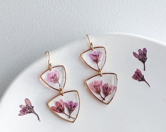 Real Pressed Flower Earrings - Two Tier Rounded Triangle Dangle - Floral, Cottage Core - Gold Plated Stainless Steel