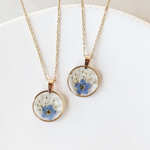 Pressed Forget-Me-Not Flower Necklace, Stainless Steel Gold Plated Charm