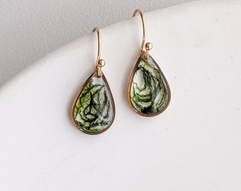 Real Dried Moss Earrings - real preserved moss, cottagecore nature inspired gold earrings