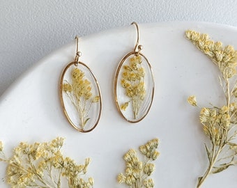 Real Pressed Flower Earrings - Gold Plated Stainless Steel Hypoallergenic - oval shape - floral, cottage core jewelry Sweet Annie