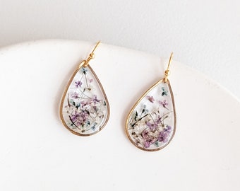 Real Pressed Flower Garden Earrings - Gold Plated Stainless Steel - Teardrop shape - floral, cottage core jewelry lace flower