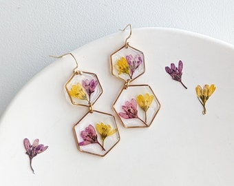 Real Pressed Flower Earrings - Honeycomb hexagon two tier dangle earrings - cottage core fae gold