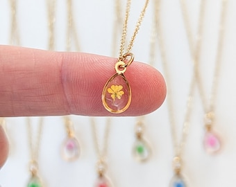 Birth Month Flower Necklace – Real Pressed Lace Flower, Gold Stainless Steel Teardrop Pendant - TINY 11mm size