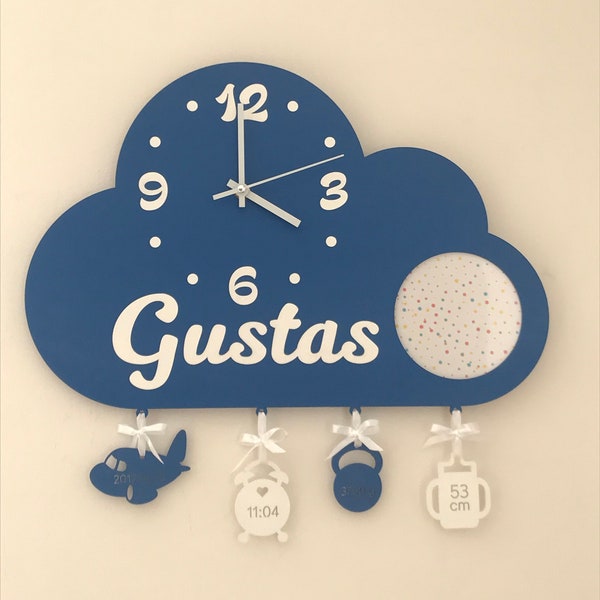 Blue nursery clock, Personalized gift idea, Wall decor, Cloud, Name sign, Photo, Birth datas, Made to order, Home interior, Cosy design