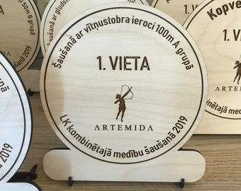 Natural engraved wooden medals with stand for competition, Prize for any sport activity, for races, Memorable reward for athletes, players