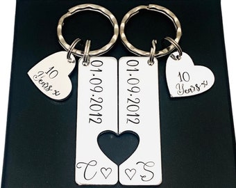 10 Year Tin Wedding Anniversary Keyring, Personalised Special Date Gift, Husband Wife Gift, Couples Matching Keychains, Engagement Present
