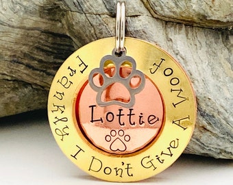 Hand Stamped Dog ID Tag, Personalised Tags For Dogs, Brass Pet Tag, Identity Disc