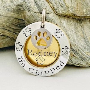 I&#39;m Chipped Personalised Dog Tag, Dog Tags For Dogs, Brass Dog ID Tag, Puppy Tag With Name, Harness Dog Tag, Pet Identity Tag, Metal Dog Tag