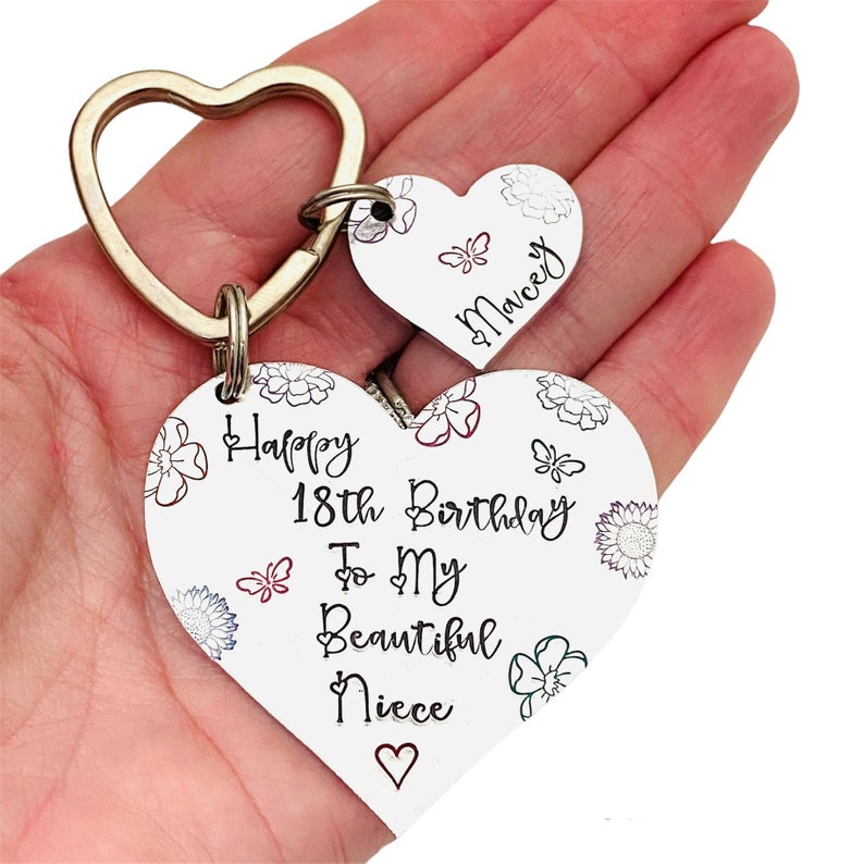 May include: A white heart-shaped keychain with the text "Happy 18th Birthday To My Beautiful Niece" and a small heart at the bottom. The keychain has a floral design with butterflies. A smaller heart-shaped tag with the text "Macey" is attached to the keychain.