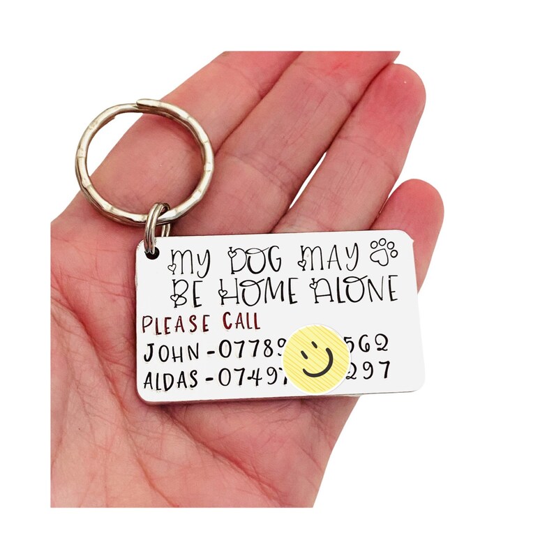 May include: Silver metal dog tag keyring with the text "MY DOG MAY BE HOME ALONE PLEASE CALL JOHN-07789569 ALDAS-0749" and a yellow smiley face.