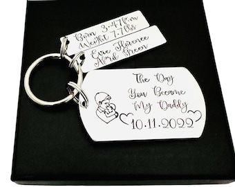 The Day You Became My Daddy Keyring, Name And Date Keychain For New Dad, Fathers Day Gift For Papa, Birth Announcement, Husband Keepsake