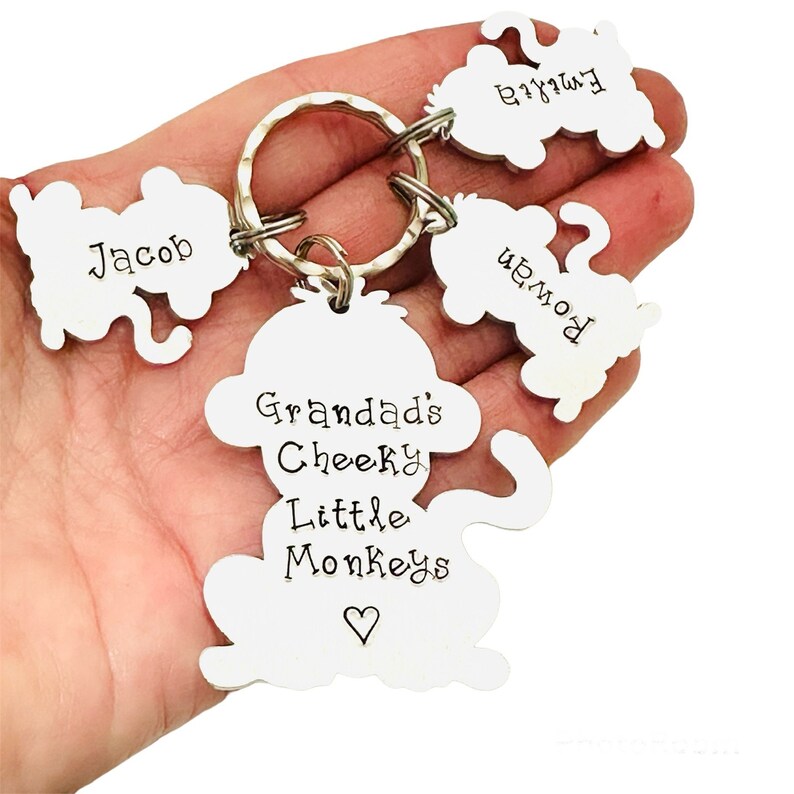 Puede incluir: Un llavero de plata con un gran dije de mono que dice "Granddad's Cheeky Little Monkeys" con un coraz&oacute;n. Hay tres dijes de mono m&aacute;s peque&ntilde;os unidos al anillo, cada uno con un nombre: Jacob, Emma y Aiden.