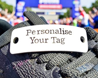 Personalised Metal Trainer Tags, Running Marathon Achievement Keepsake, Custom Metal Shoe Lace Tag