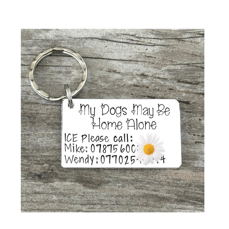 May include: A silver keychain with a white tag that reads "My Dogs May Be Home Alone ICE Please call: Mike: 07875 600: Wendy: 077025-4" with a white daisy graphic.