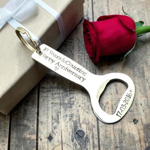 Traditional 10 Year Anniversary Gift For Husband, Personalised Bottle Opener Keyring, Wedding Present, Tin Gifts For Him, Relationship Gift