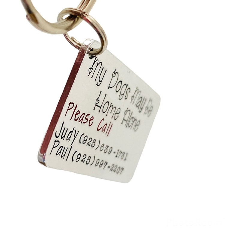 May include: Silver dog tag keyring with a red border. The tag reads "My Dogs May Be Home Alone Please Call Judy (925) 639-1781 Paul (925) 997-2207".