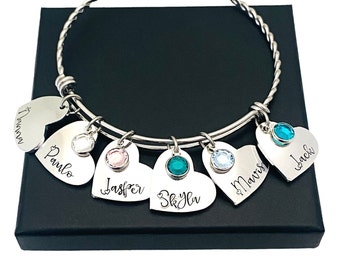 Personalised Adjustable Bracelet With Kids Names, Mothers Day Gift For Mum, Birthstone Jewellery For Grandma, Heart Charm Bangle for Women