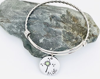 Make A Wish Bracelet For Mum, Dandelion Bracelet For Women, Hand Stamped Birthstone Bangle For Women, Unique Floral Jewellery For Friend