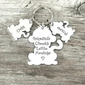 Puede incluir: Llavero de mono plateado con tres dijes. El dije central dice "Granddad's Cheeky Little Monkeys" con un s&iacute;mbolo de coraz&oacute;n. Los otros dos dijes dicen "Orla" y "Mews".