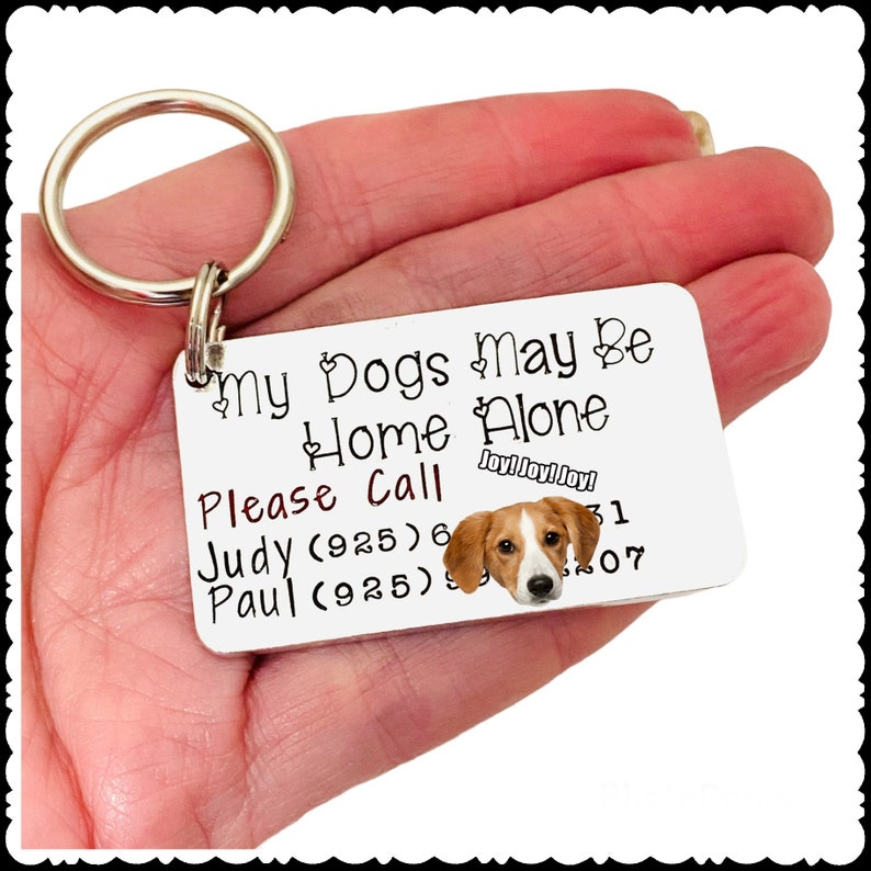 May include: White metal keychain with a dog image and the text "My Dogs May Be Home Alone Please Call Judy (925) 6 Paul (925) 31 07" and the text "Joy! Joy! Joy!"