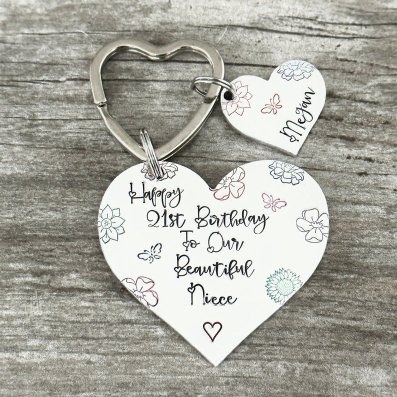 May include: White heart-shaped keychain with the text "Happy 21st Birthday to Our Beautiful Niece" and a small heart at the bottom. A smaller heart-shaped tag with the name "Megan" is attached to the keychain.