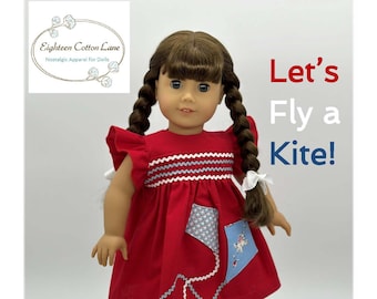 Vintage style play dress pattern with faux rick rack smocking, kite appliqué for 18" dolls like American Girl Kit Kittredge Molly McIntire