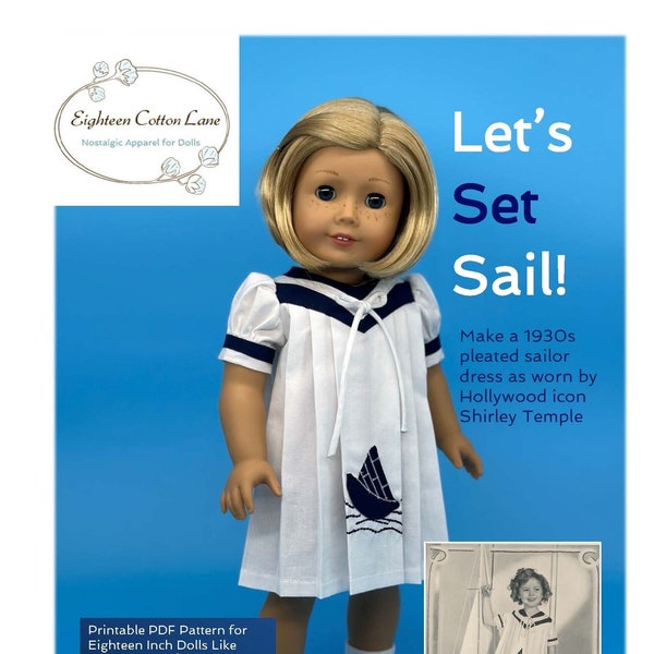 Shirley Temple-inspired 1930s Pleated Sailor Dress Pattern for Eighteen Inch Dolls Like American Girl