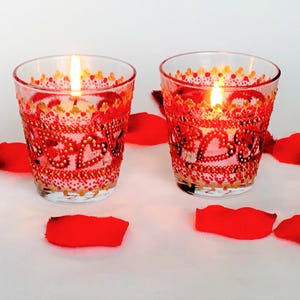 Red Glass Candle Holders Decorated in Stained Glass Style with Hearts, Candle Jar with Candle, Best Table Decoration, Gorgeous Gift for Her
