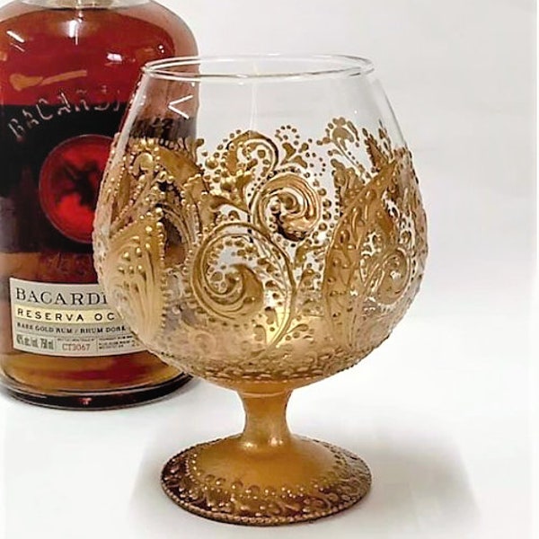 Large Brandy Snifters, Glasses for Cognac with Elegant Decoration, Hand Painted in Stained Glass Style, Golden Luxury Decor, Unique Gift