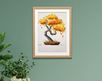 Bonsai Baum Zeichnung Original Kunst Marker Bild Deko (Kein Druck)