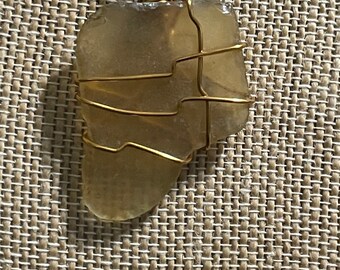 1 1/2" Long Honey Yellow Faux Sea Glass Wire Wrapped Pendant on 30" Goldtone Rope Chain-Rough Tumble Glass