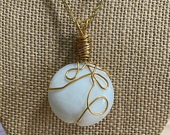 29" Goldtone Thin Rope Chain with Handmade Wire Wrapped Loop Design White Round Lampwork Pendant-Free shipping and free gift