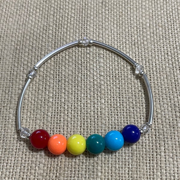 7" Beaded Stretch LGBTQ Rainbow Pride Bracelet-Silvertone Bars and Crystal Accents