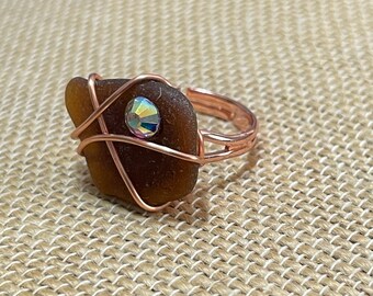 Handmade Wire Wrapped Brown Genuine Seaglass Adjustable Ring with Crystal Accent-Rosetone Base Free Shipping and Gift with Purchase