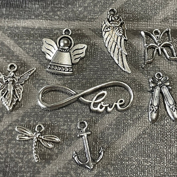 Random Mix Silvertone Charms for Jewelry Making-Love, Dragonfly, Butterfly, Ballerina Slippers, Wings, Christmas, Angel and more!