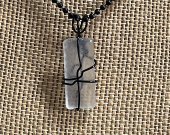 1" Long Clear Frost Faux Sea Glass-Wire Wrapped Pendant on 18" Black Ball Chain Free Shipping and Free Gift with purchase