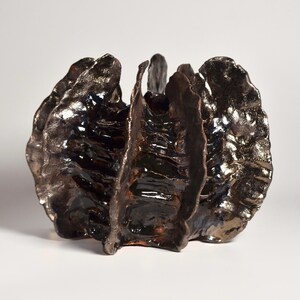 May include: A dark brown ceramic sculpture with a textured, organic shape. The sculpture has a glossy finish and resembles a flower or a sea creature.