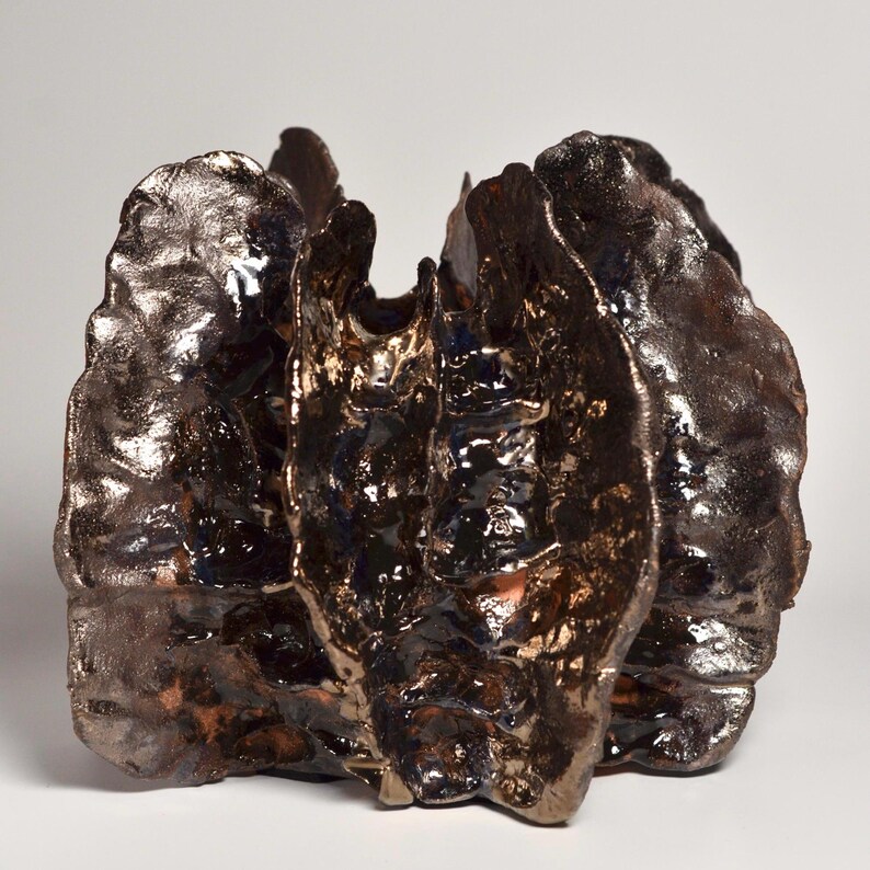 May include: A ceramic vase with a dark brown and metallic glaze. The vase has a unique, organic shape with multiple folds and curves.