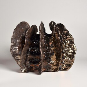 May include: A ceramic vase with a unique, organic shape and a metallic bronze glaze. The vase has a textured, rippled surface and appears to be hand-crafted.