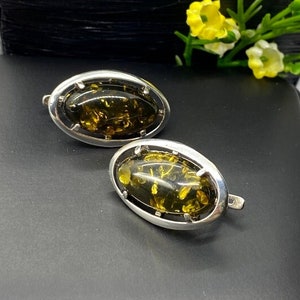 Green Amber earrings in sterling silver - Artisan handmade earrings - Gift for Woman - OOAK