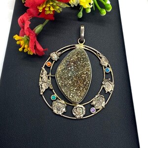 VIDEO Rainbow Druzy with Cubic Zirconia pendant in sterling silver - Artisan Handmade pendant - Gift for Woman - OOAK